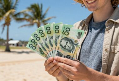 Person holding cash on an Australian beach