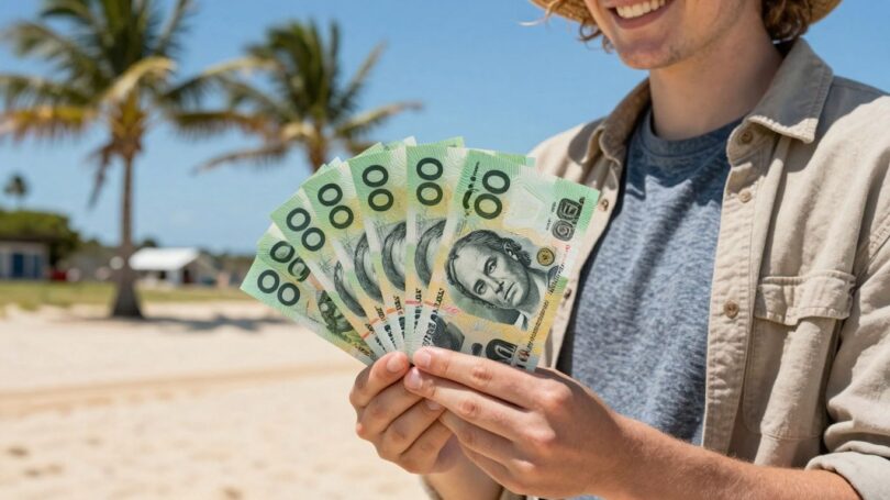 Person holding cash on an Australian beach
