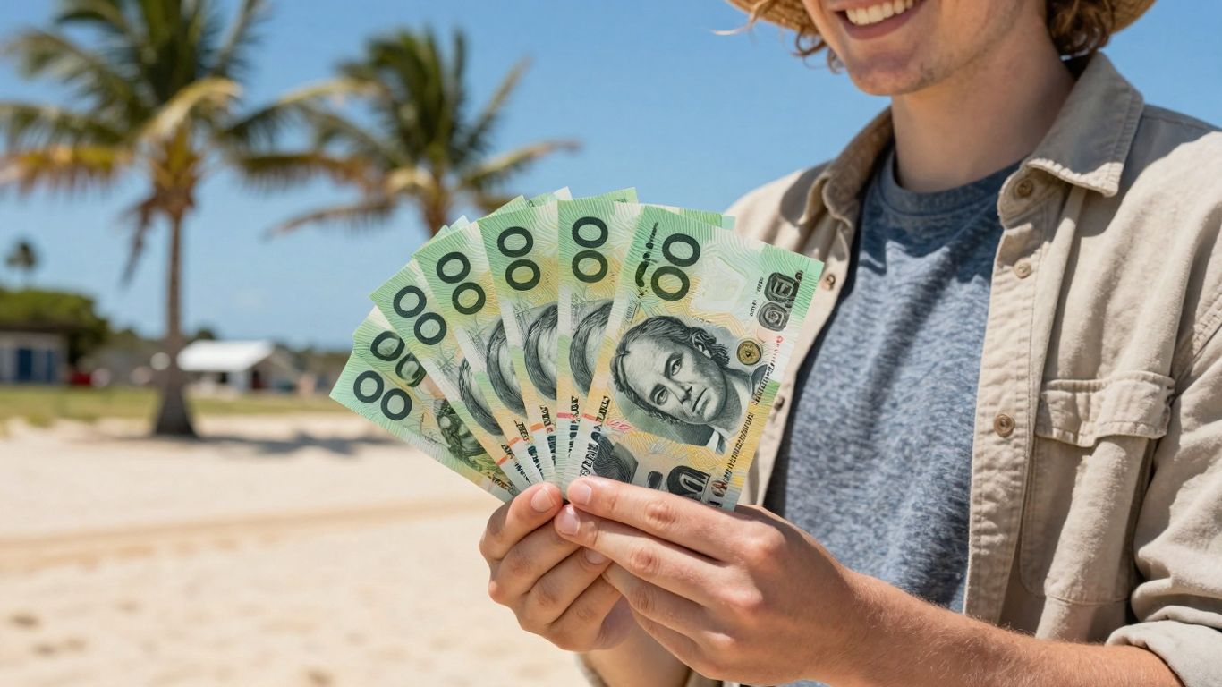 Person holding cash on an Australian beach