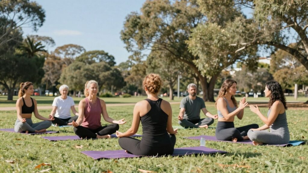 People enjoying nature and wellness activities in Australia.