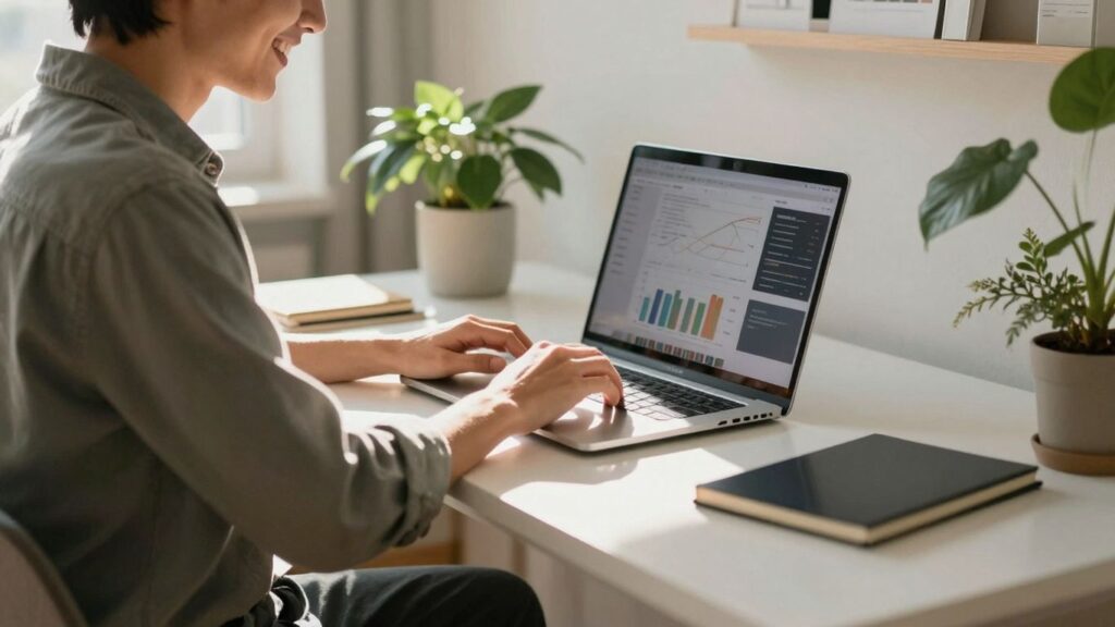 Person working on laptop at home, earning money online.