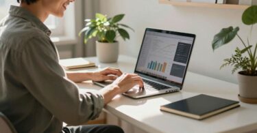 Person working on laptop at home, earning money online.