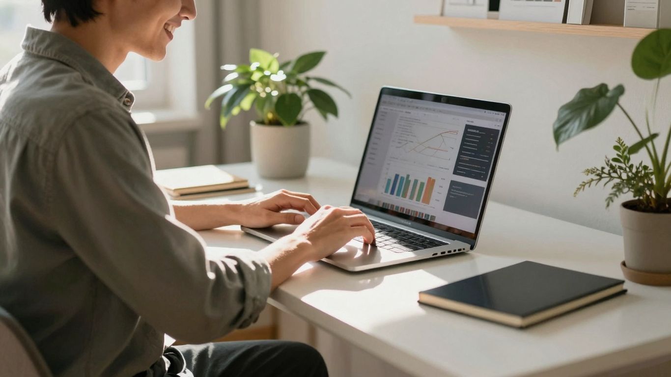 Person working on laptop at home, earning money online.