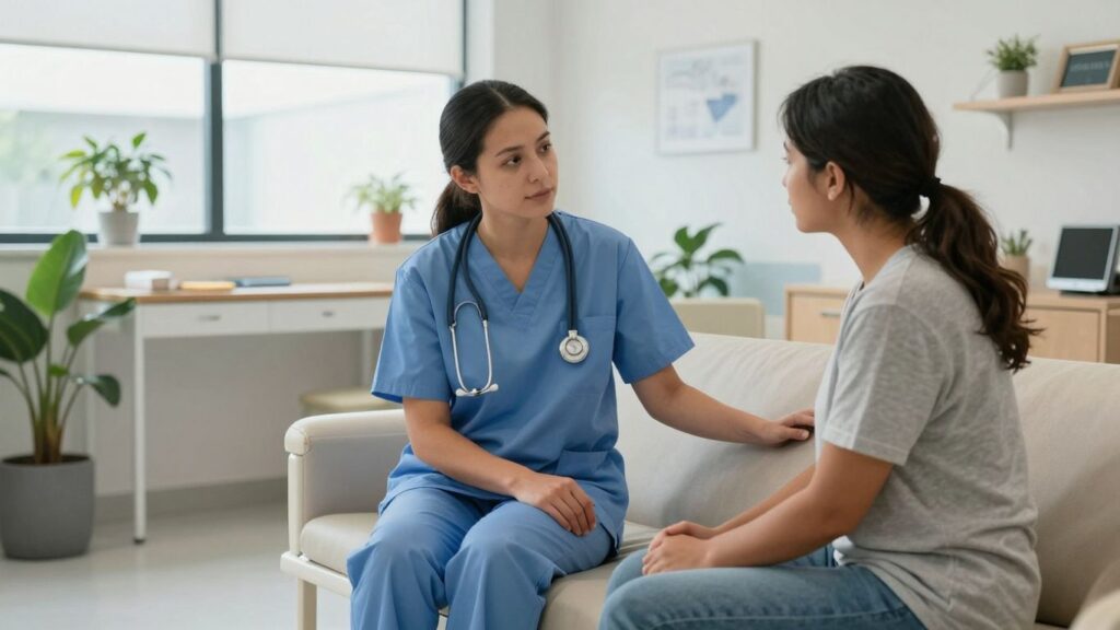 Australian mental health nurse providing care in a modern facility.