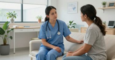 Australian mental health nurse providing care in a modern facility.