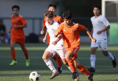 Soccer players in action on a green field.