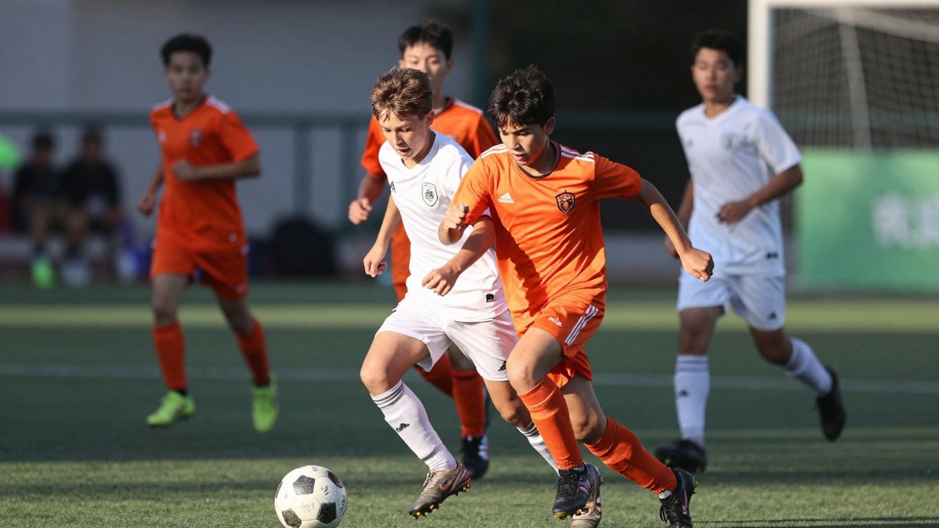 Soccer players in action on a green field.