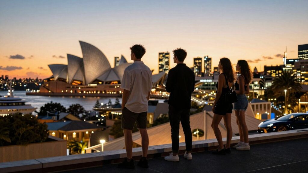 Young rich Australians overlooking city lights at sunset.