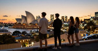Young rich Australians overlooking city lights at sunset.