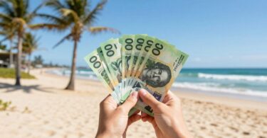 Australian dollars flying on a sunny beach.