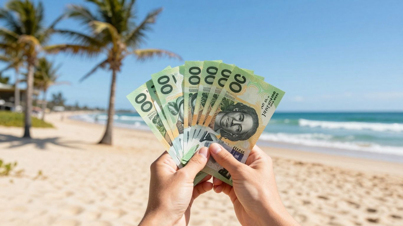 Australian dollars flying on a sunny beach.