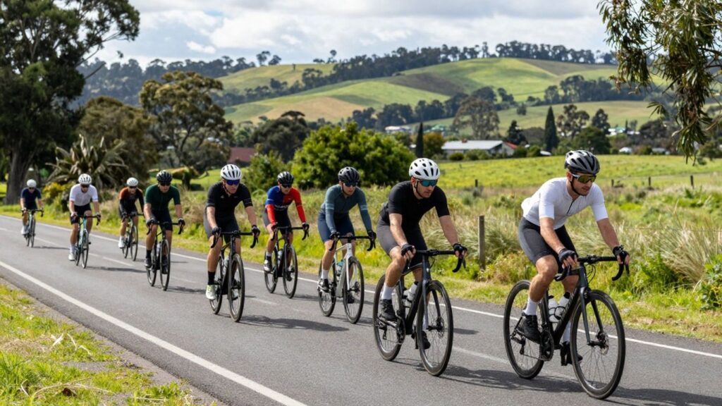 Cyclists riding on a scenic road in Melbourne.
