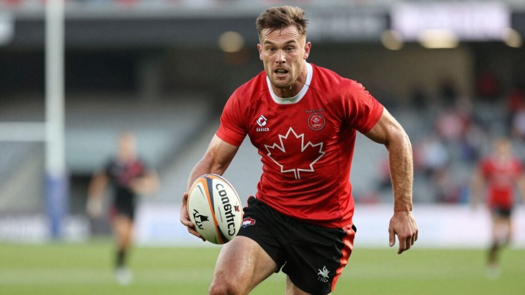 Canadian rugby league player in action on field.