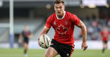 Canadian rugby league player in action on field.
