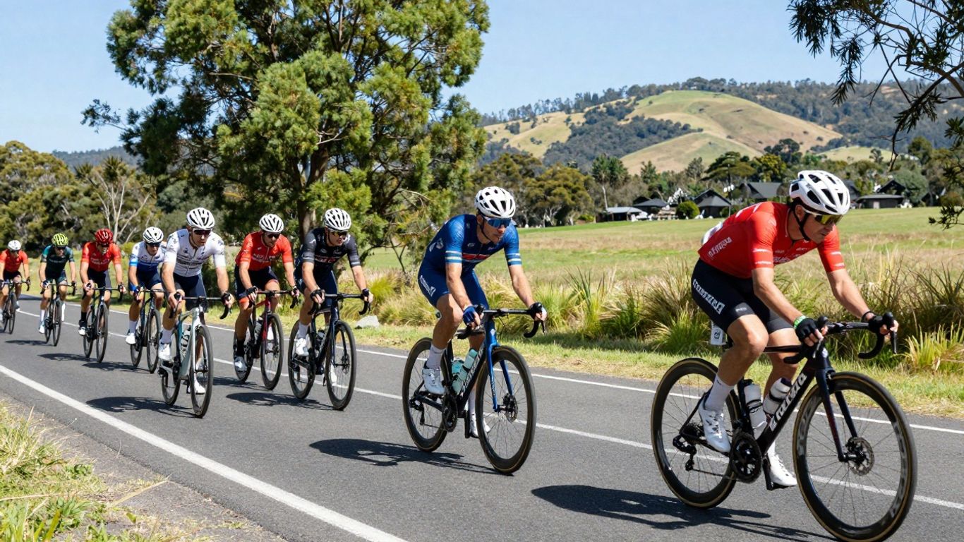 Cyclists racing on a sunny Australian road.