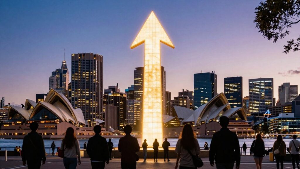 Australian cityscape with upward growth arrow.