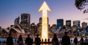 Australian cityscape with upward growth arrow.