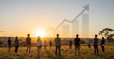 Australian sunrise over financial growth symbols.