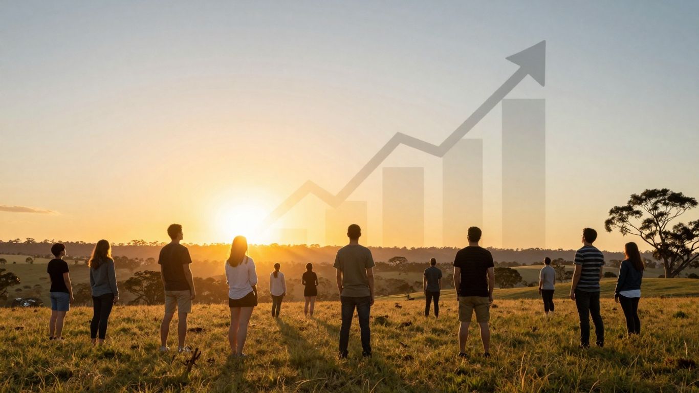 Australian sunrise over financial growth symbols.