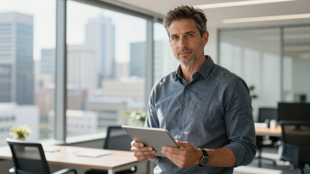 Australian entrepreneur looking at tablet in modern office