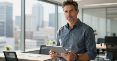 Australian entrepreneur looking at tablet in modern office