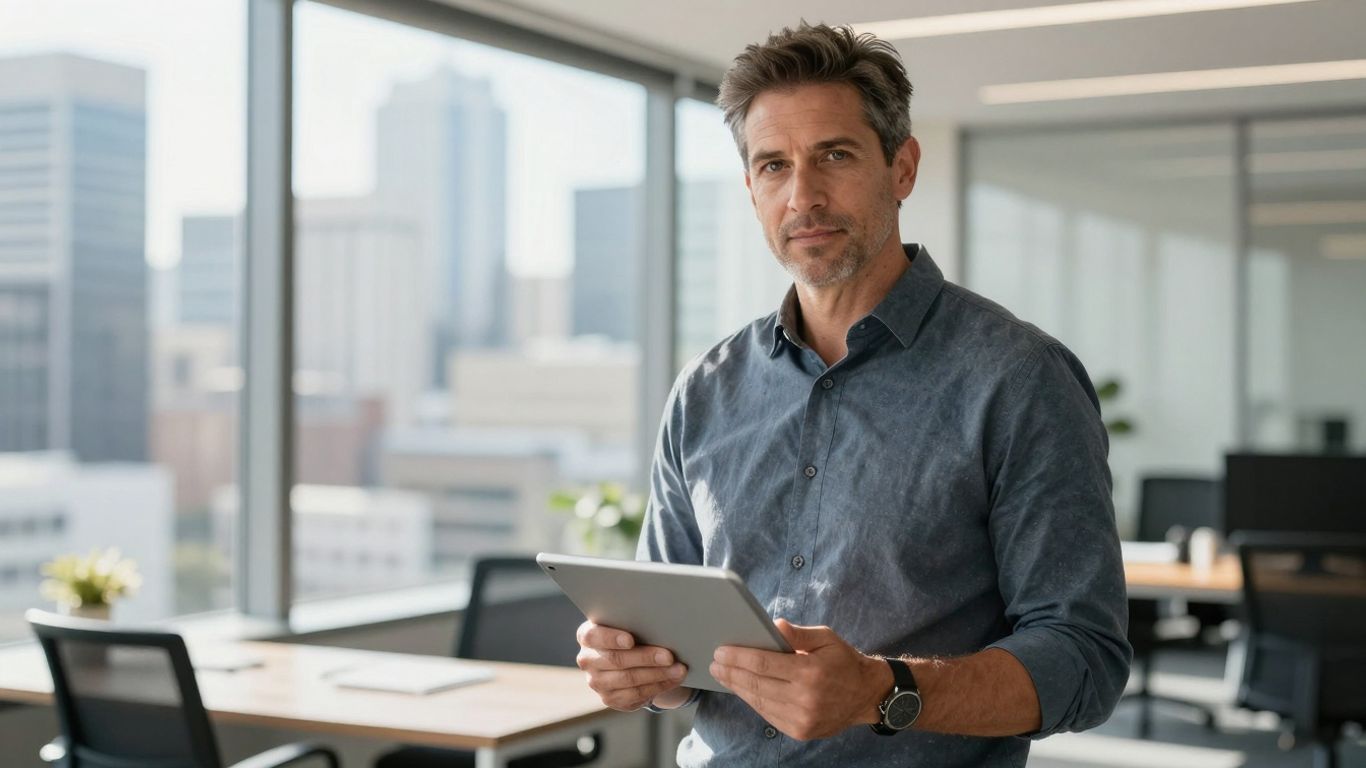 Australian entrepreneur looking at tablet in modern office