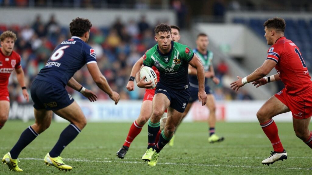 Rugby league players in action, 2025 season anticipation.