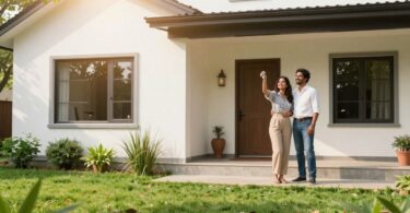 Couple holding keys outside a new NSW home.
