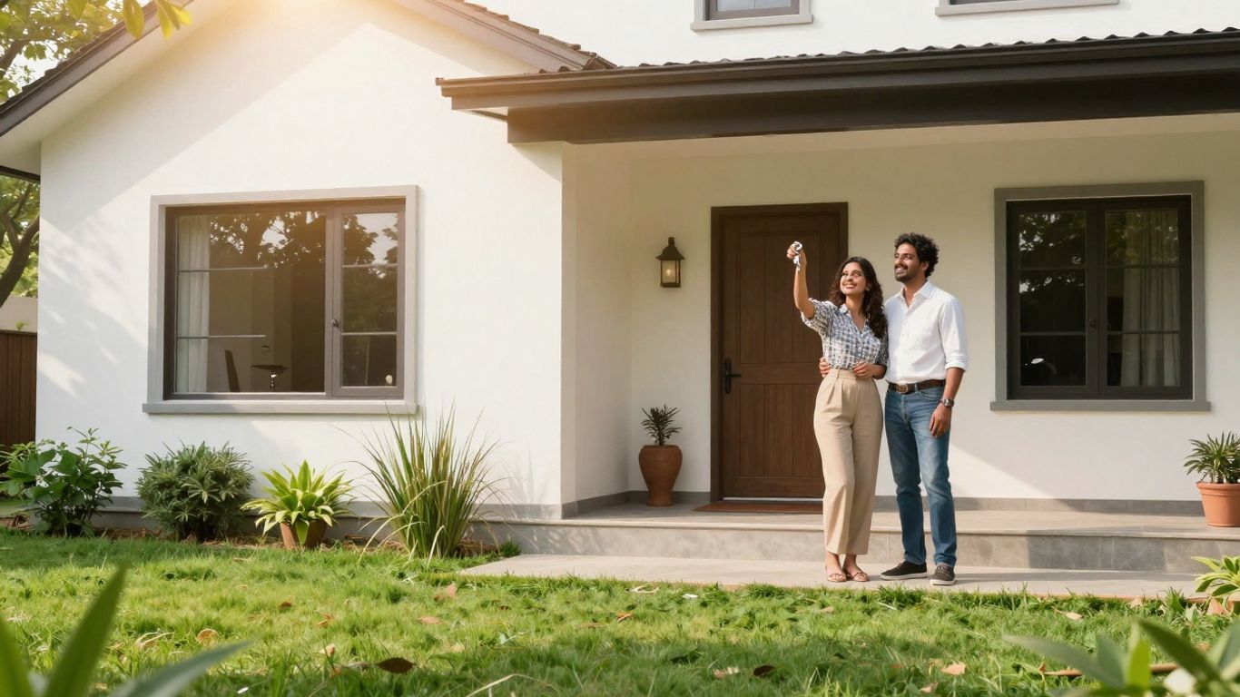 Couple holding keys outside a new NSW home.