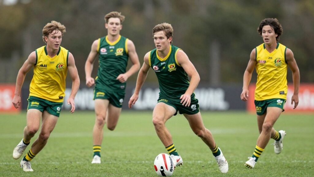 Young Australian football players in national team kit playing a match.