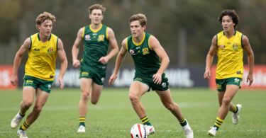 Young Australian football players in national team kit playing a match.