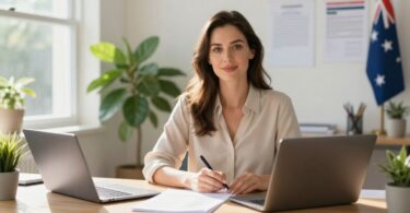 Australian woman applying for government grant at home