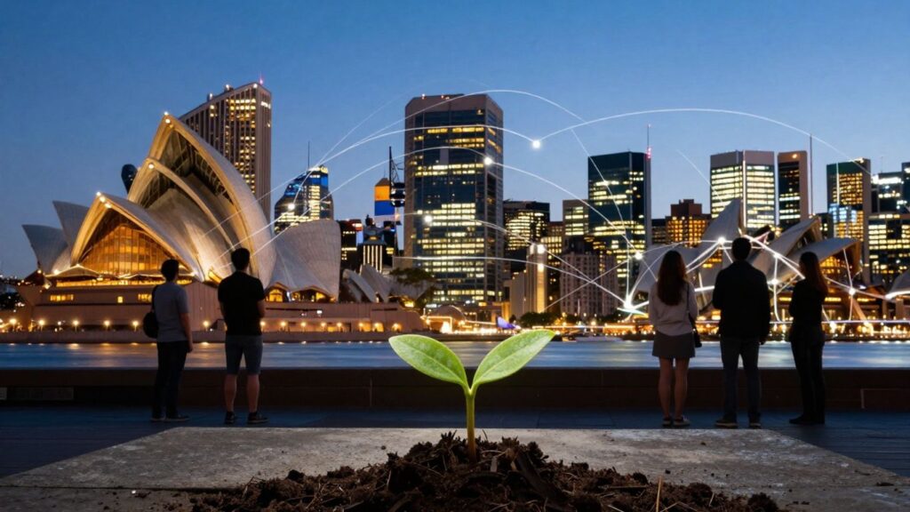 Australian startup landscape with city skyline and seedling.