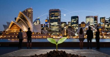 Australian startup landscape with city skyline and seedling.