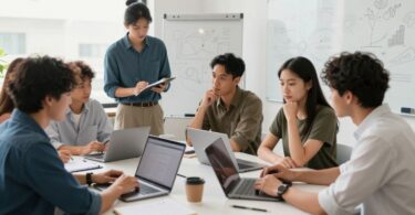 Startup team collaborating in a bright, modern office space.