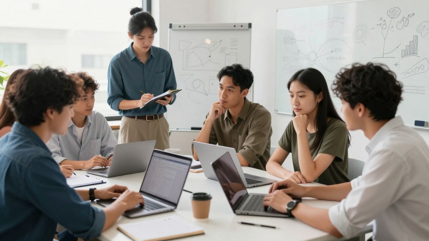Startup team collaborating in a bright, modern office space.