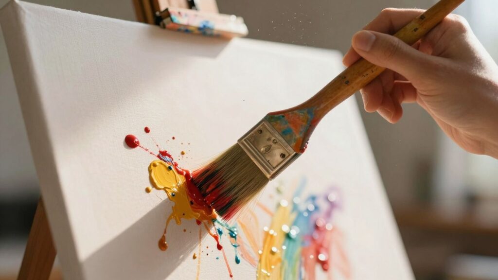 Artist's brush and canvas bathed in sunlight.