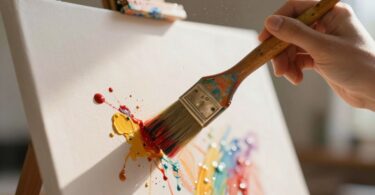 Artist's brush and canvas bathed in sunlight.