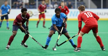 Hockey players in action on a green field.