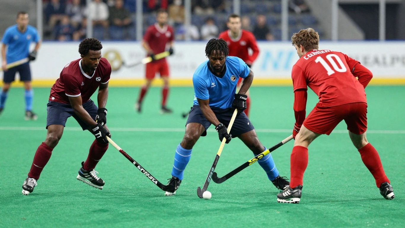 Hockey players in action on a green field.