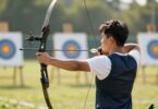 Archer aiming bow and arrow at target.