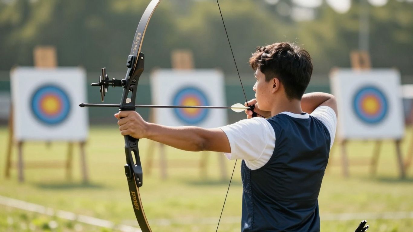 Archer aiming bow and arrow at target.