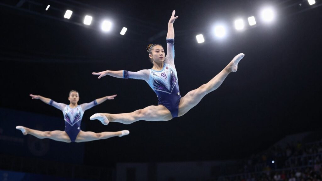 Gymnasts performing aerial acrobatics with intense focus and skill.
