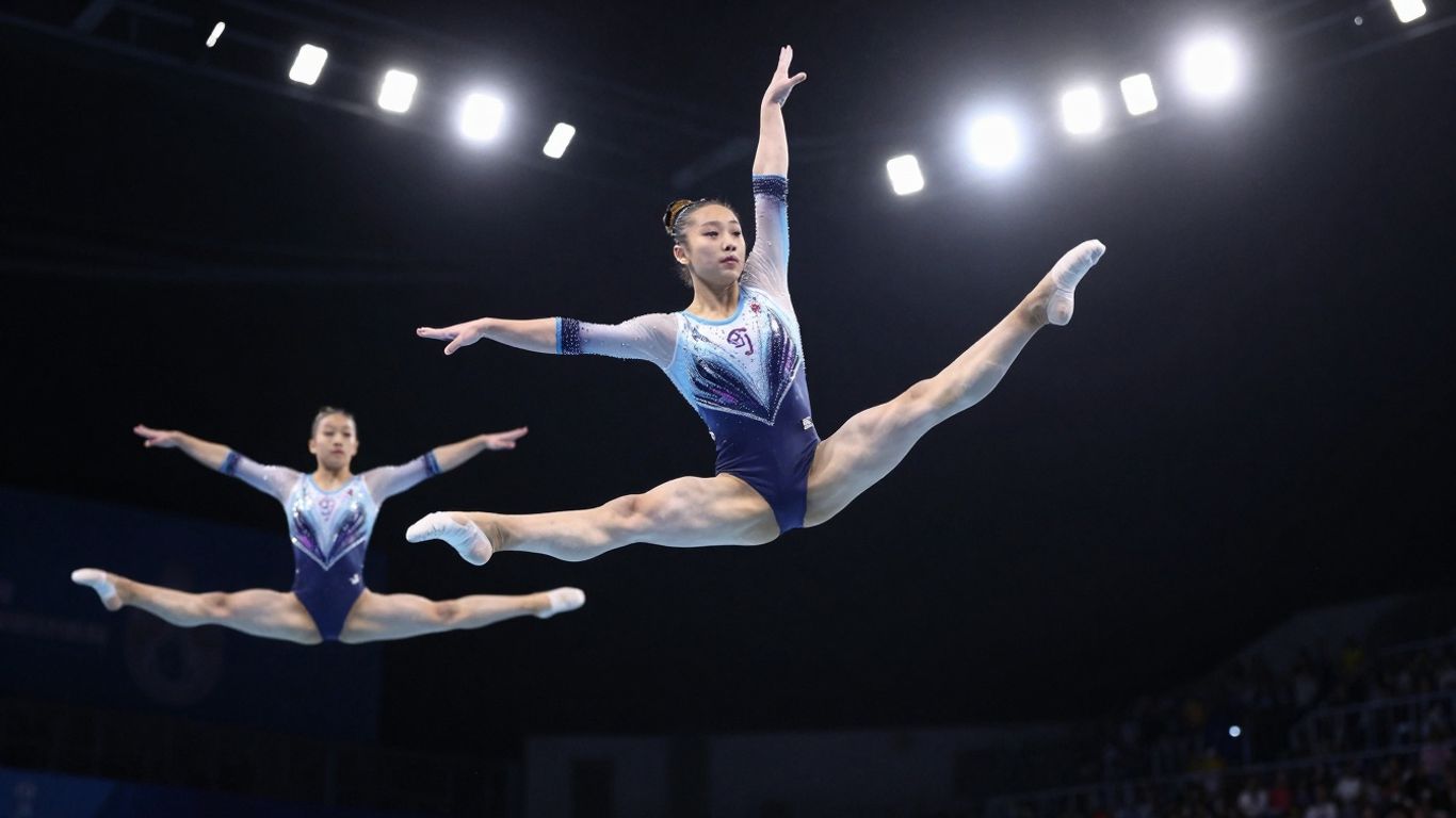Gymnasts performing aerial acrobatics with intense focus and skill.
