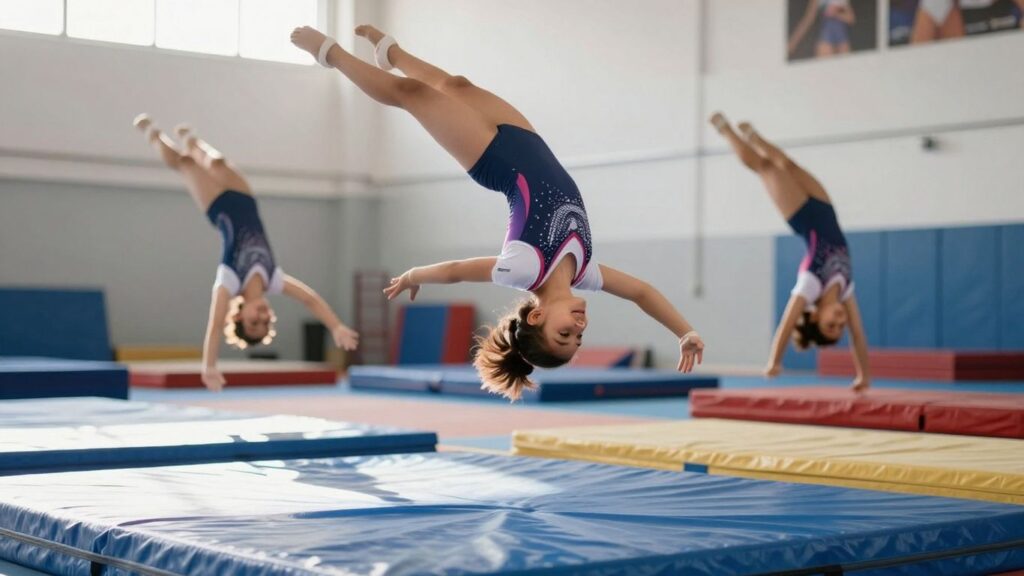 Gymnasts performing flips and tumbles in a bright gymnasium.