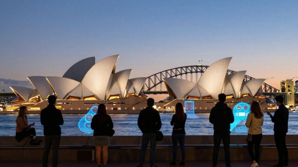 Sydney skyline with glowing tech elements, 2026.