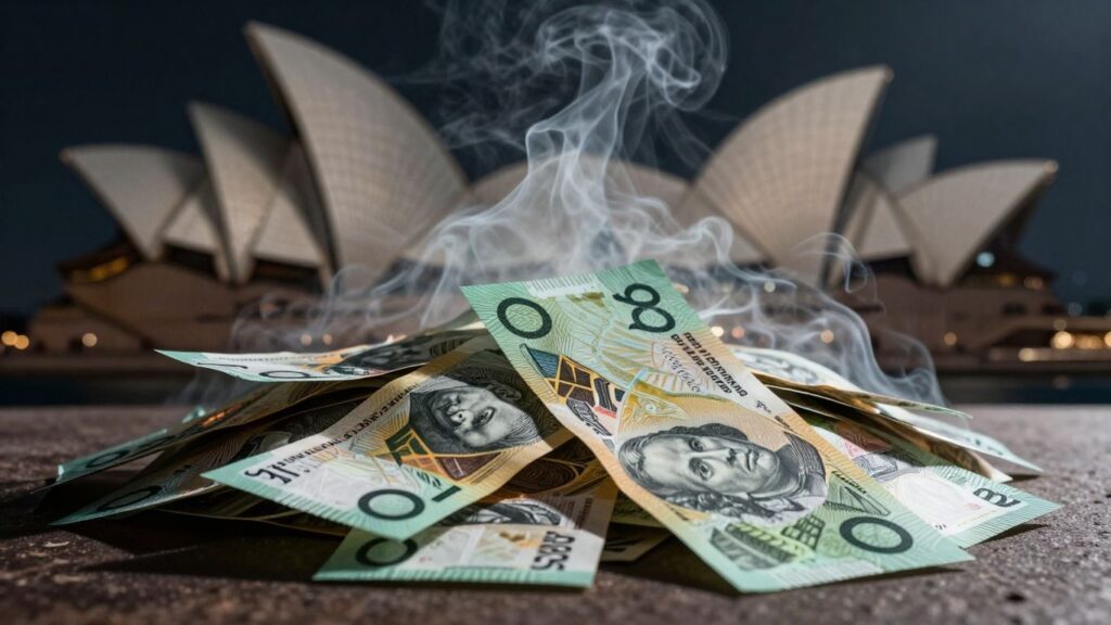 Australian dollars with smoke rising, Sydney Opera House blurred.