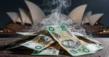 Australian dollars with smoke rising, Sydney Opera House blurred.