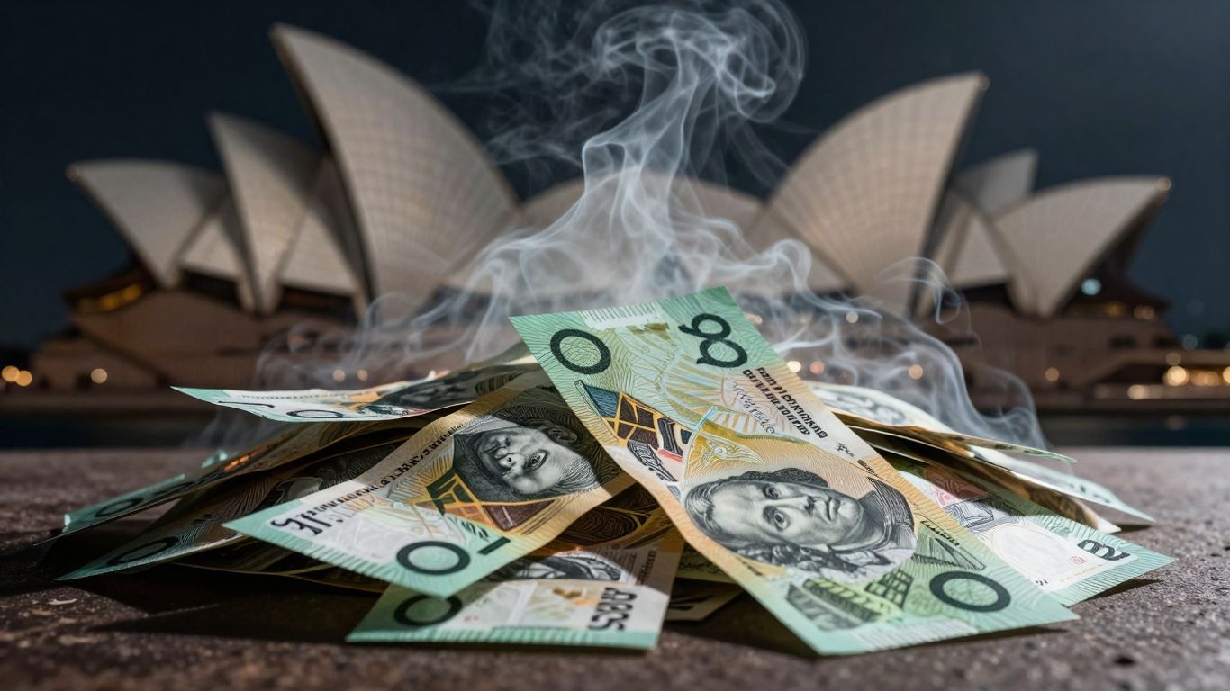 Australian dollars with smoke rising, Sydney Opera House blurred.