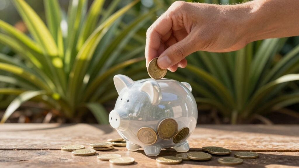 Saving money in Australia with coins and piggy bank.